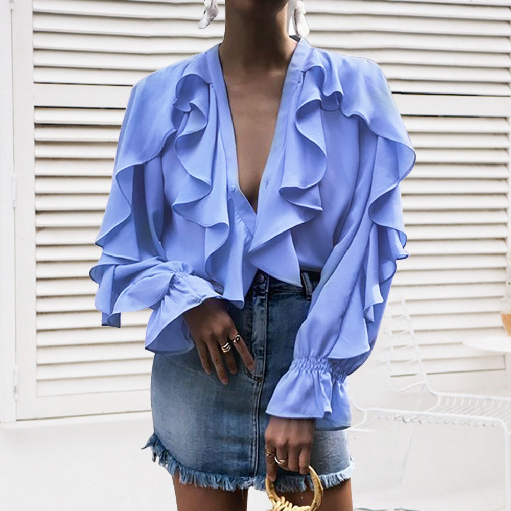 

2021 New Sexy V-neck Long Sleeve Blouse Women Tops Female Elegant Ruffle Shirt Streetwear Chiffon Blouses Bhka, Pink