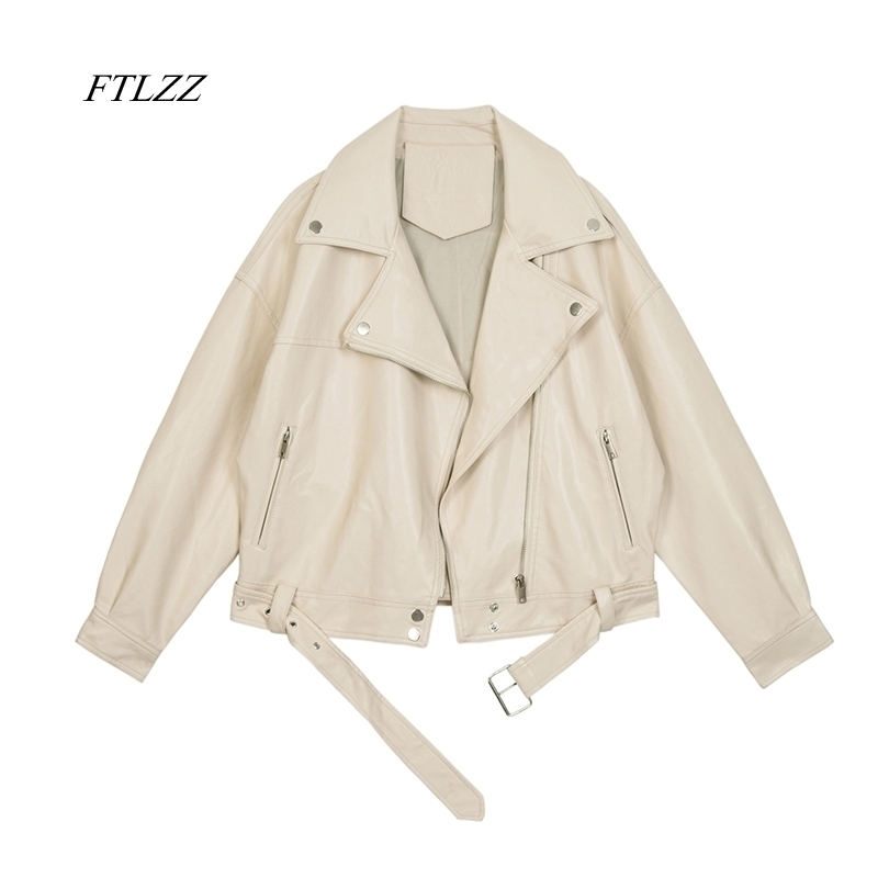 

FTLZZ 2020 New Spring Women Pu Leather Motorcycle Female With Belt Solid Color Jackets Ladys Loose Casual Jacket 201124, Beige