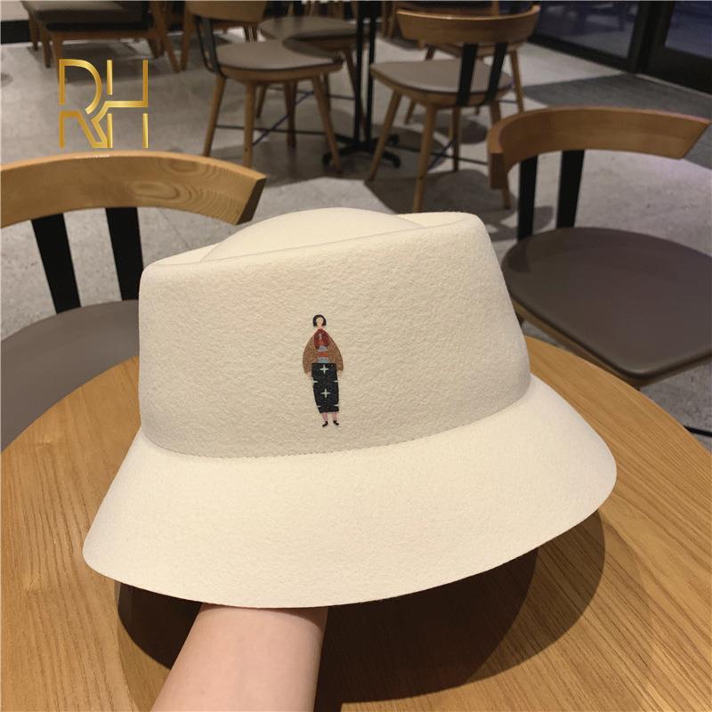 

New Fashion Woolen Fedora Hat Women Solid Color Simple Bucket Hat For Female Autumn Winter Wool Felt Retro Fisherman, White