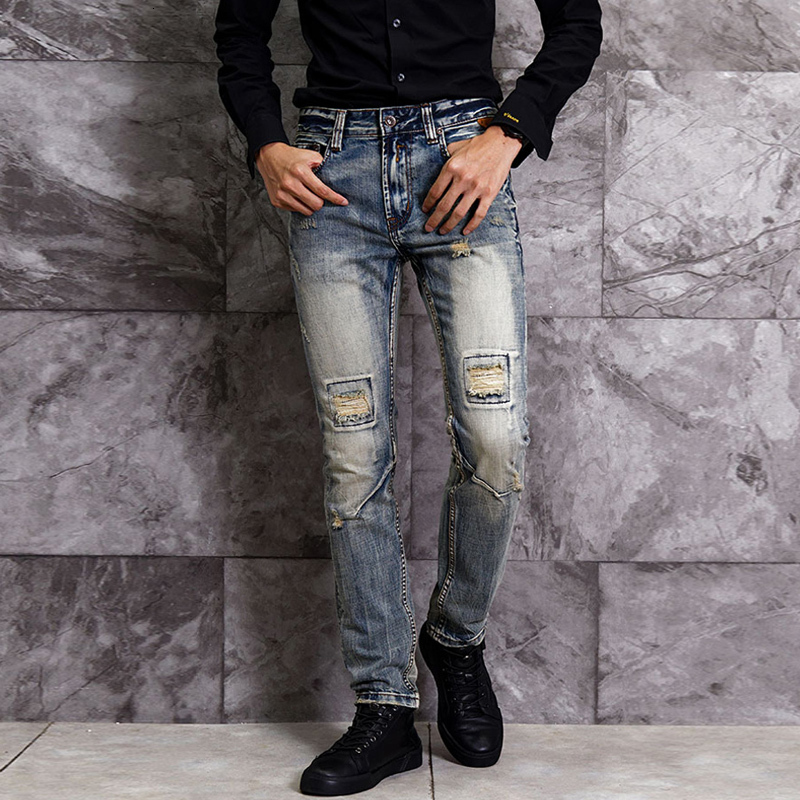 

2021 New Fashion Streetwear High Quality Slim Fit Destroyed Ripped Men Spliced Designer Denim Pants Hip Hop Jeans Homme 1m4x, Retro yellow