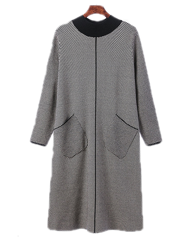 

2021 New Dressed in long mesh contrast houndstooth plus size bottom sweater skirt female autumn RBK1, Red