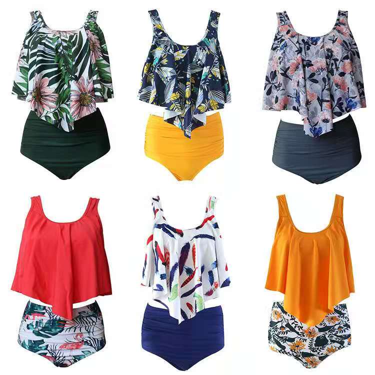 

2020 new European and American bikini split lotus edge high waist triangle swimsuit multi color Amazon explosive bikini 412
