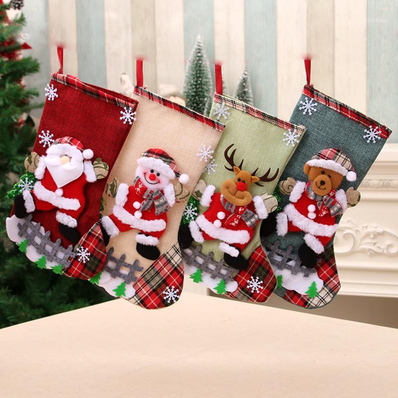 

1 pcs Christmas Stockings Socks with Snowman Santa Elk Bear Printing Xmas Candy Gift Bag Fireplace Xmas Tree Decoration New Year1