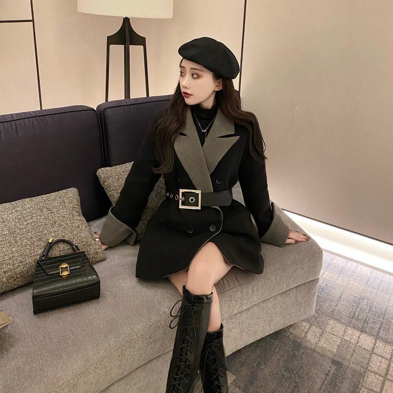 

Autumn Winter Women Wool Blends Trench Coat Korean Style Outerwear Casual Warm Thick Warm Female Overcoat Plus Size, Black