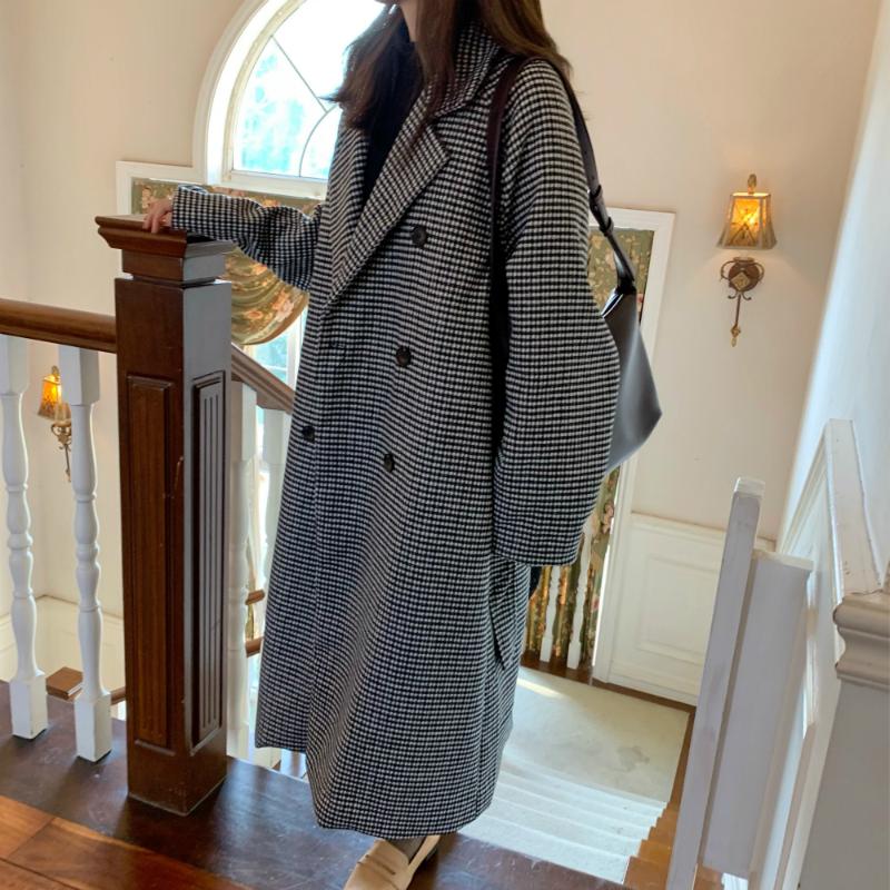 

Women Winter Elegant Small Plaid Long Loose Wool Jacket Coat Woolen Overcoat Outerwear Cardigan with Belt Double Breasted, Black