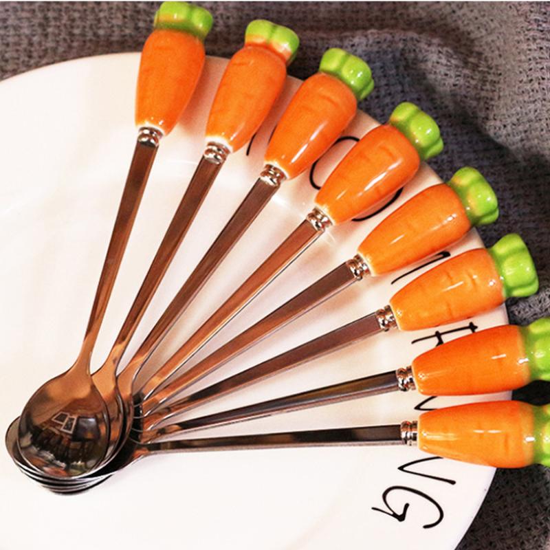 

Stainless Steel Spoon with Ceramic Radish Handle Cutlery Coffee Dessert Long Handle Spoon