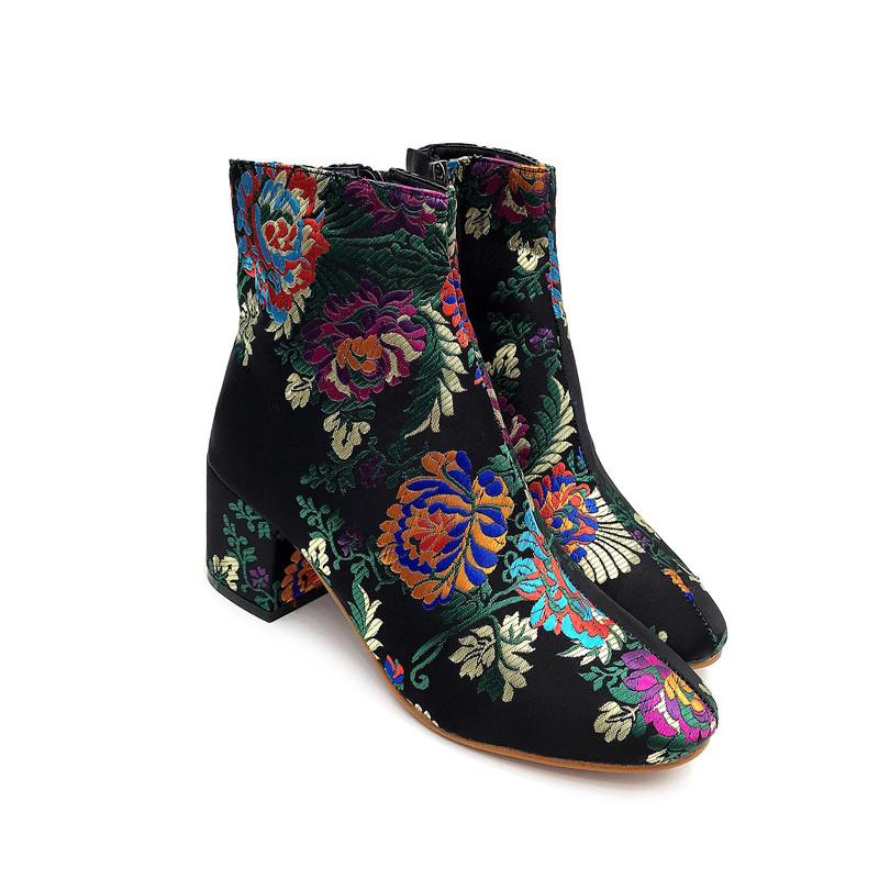 

Fashion Ethnic Style Embroidery High Heel Shoes Thick-heel Women's Boots Size 35-40 Black Booties Flower Shoes Women, Multi