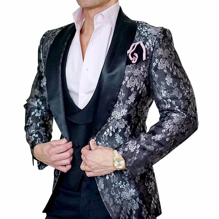 

2020 Black Floral Paisley Tuxedos British Style Dinner Jacket Shawl Lapel Custom Made Mens Suit Slim Fit Blazer Wedding Suits for Men, Navy