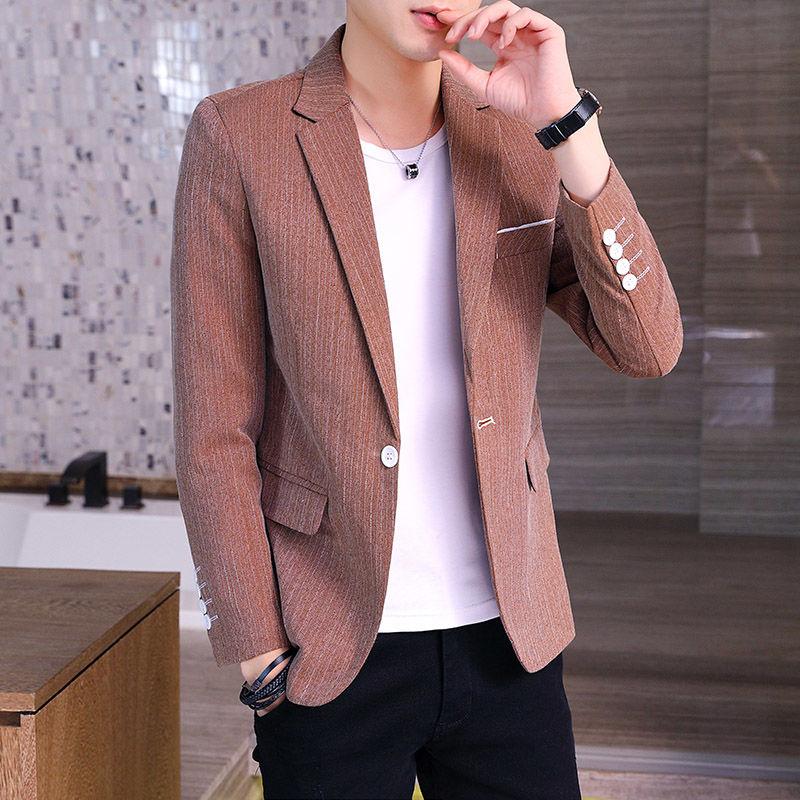 

2021 New Spring Autumn Men Blazers Slim Fit Casual Jacket Male Sold Color One Button Office Business Smart Casual Suit S111, Khaki