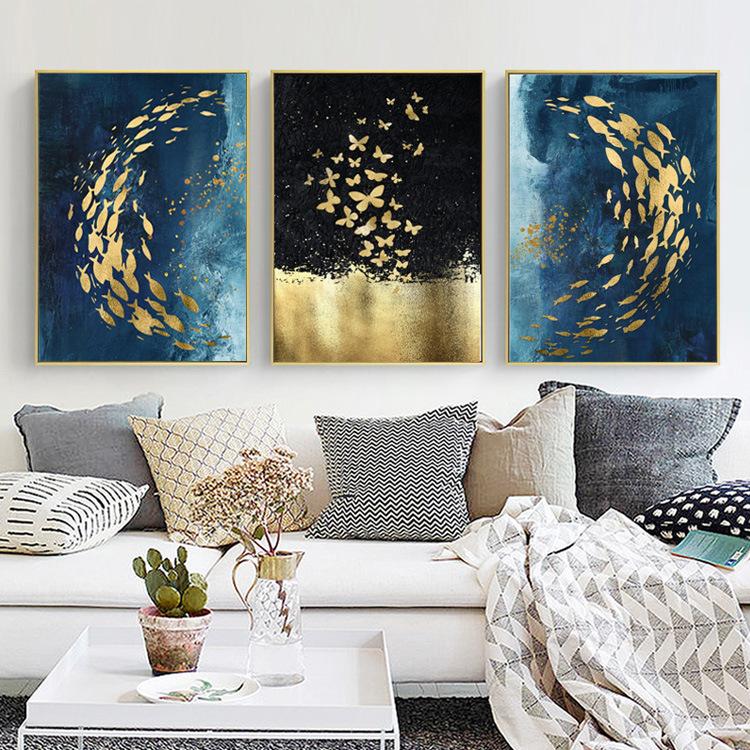 

New Arrival Nordic blue modern light luxury oil painting fish abstract rimless decorative painting bedroom living room core