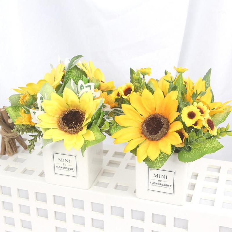 

Decorative Flowers & Wreaths Plastic Artificial Plants With Pot Sunflower Bonsai Fake Potted Ornaments Bathroom Accessories Home Deco1