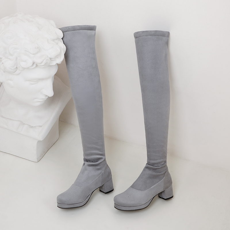 

2021 New Women's Thick Toe Solid on Knee Winter Boots Keep Warm Ladies Shoes Grey JGWC, Gray