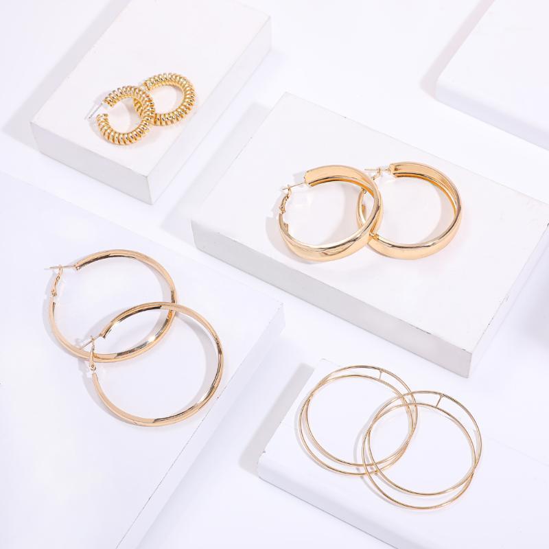 

4 Pairs Simple Gold Color Metal Big Hoop Earring Set Fashion Big Circle Statement Earrings for Women Party Jewelry Korean 20201