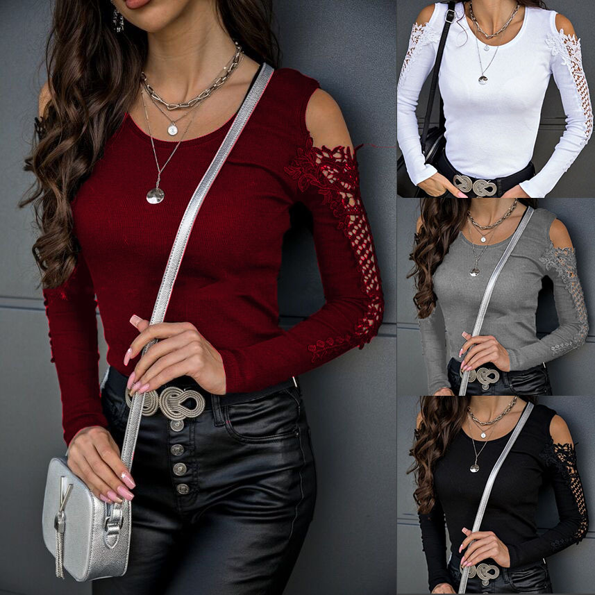 Lace Hollow Women T-Shirts Long Sleeve O Neck Slim Woman Tops Fashion Casual Solid Color Womens Designer T Shirts