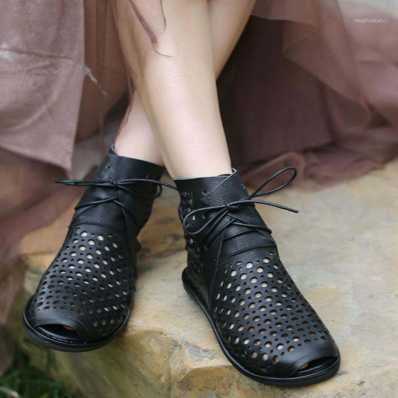 

Women Leather Boots Peep Toe Low Heels Summer Shoes Black Casual Soft Leather Ankle Boots Sandals Women Handmade 20201