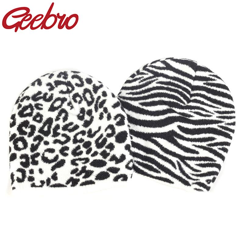 

Geebro Women Winter Soft Fashion Warm Zebra Cow Leopard Printed Beanie Unisex Plaid Casual Knitted Skullies Hat Cap