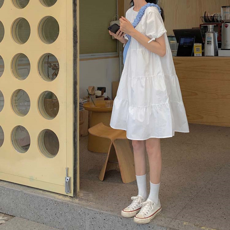 

2021 New Summer the neck soild color short sleeve dress plied with women (f4025) G1SC, White