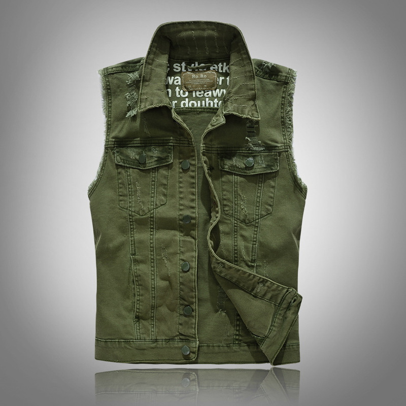 Cotton Casual Jeans Sleeveless Jacket Men Streetwear Green Denim Cardigans Outdoors Vest Plus Size Cowboy Waistcoat Male Coats 201120Z