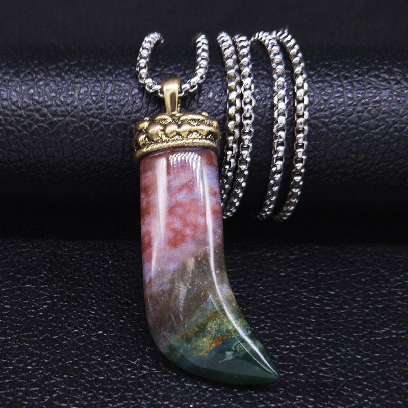 

2020 New Stainless Steel Natural Stone Chokers Necklaces Men Silver Color Horns Long Necklace Jewelry collares de moda NE75S04