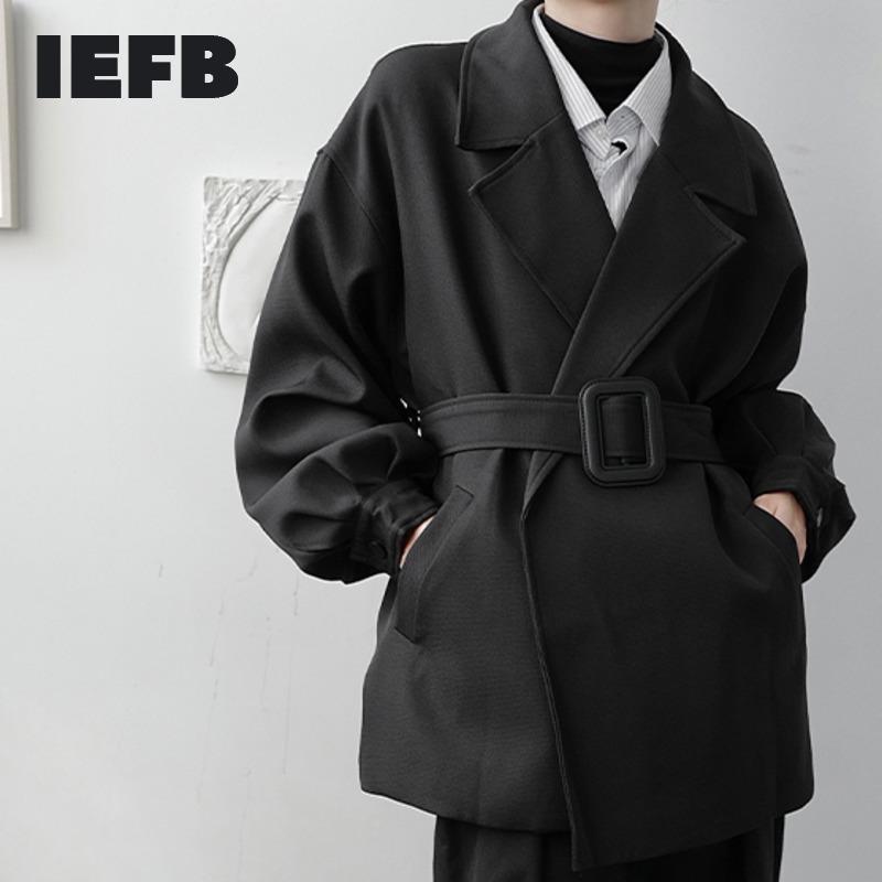 

IEFB /men' wear buckle short style windbreaker coat 2020 new autumn notched collar long sleeve big size trench with belt 2020, Black