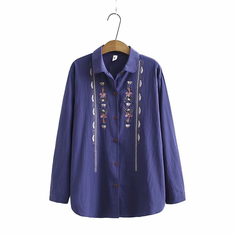 

Size -4xl Plus Female Flower Embroidered Vintage Blouse Long Sleeve Pink Yellow Spring New Tops 85kn, Purple.