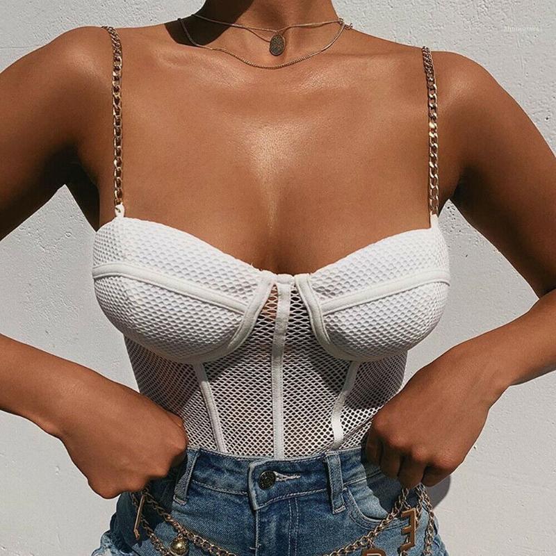 

Sexy Women Chain Belt Bodysuits Sleeveless Stretch Mesh Leotard Tops Hollow Fishnet Strapless Ladies Sling Women' Jumpsuits & Rompers, White