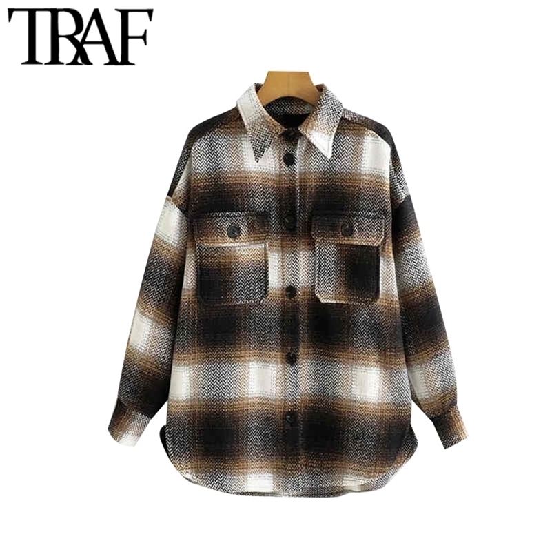 

TRAF Women Vintage Stylish Plaid Oversized Woolen Jacket Coat Fashion Long Sleeve Pockets Loose Female Outerwear Chic Tops 201210, Dark brown