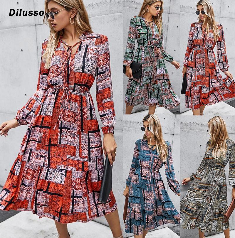 

Women Winter V-neck Print Elegant Dresses Long Sleeve Girdling Bandage Fashion Dress A-line Mid Bohe Print Ladieies Dresses, Black
