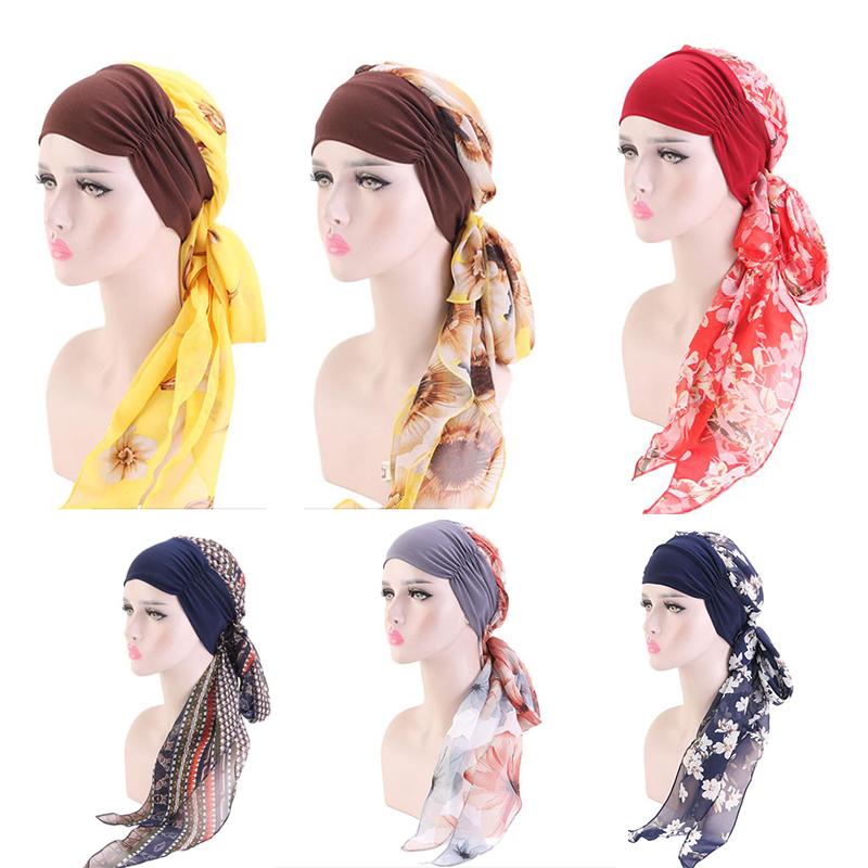 

Women Head Scarf Muslim Turban Hat Flowers Printed Headwear Beanie Coverings Summer Head Wrap Chiffon