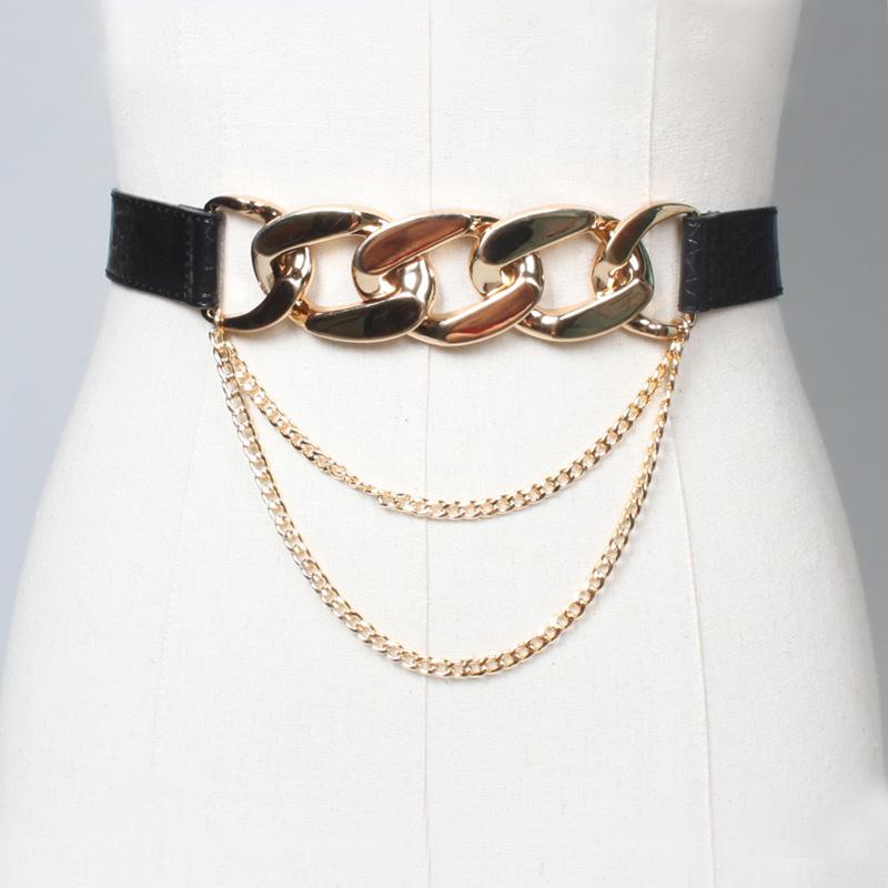 

Luxury Metal Link Chain Waist Belt Women Strap Punk Leather Belts Dress Coat Sweater Lady Decorative Female Casual Waistband, Black