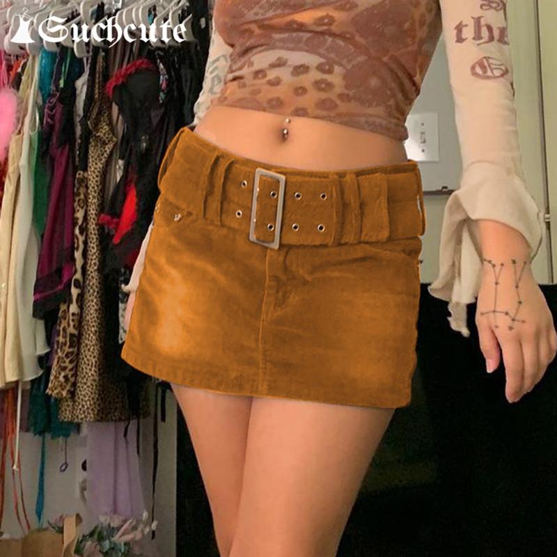 

SUCHCUTE Vintage Corduroy Women' Mini Skirt With Sashes 2020 Streetwear E Girl Party 90s Outfits High Waist Short Skirts, Black