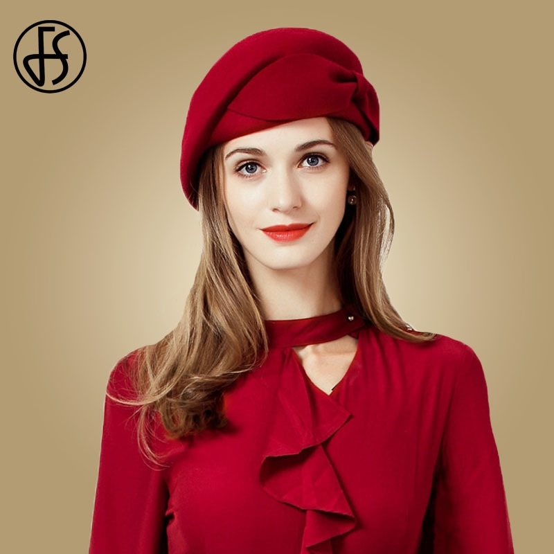 

FS Ladies Red Wedding Hat For Women Vintage 100% Wool Felt Pillbox Hats Black Fascinator Winter Fedoras Bow Beret Church Hats T200508