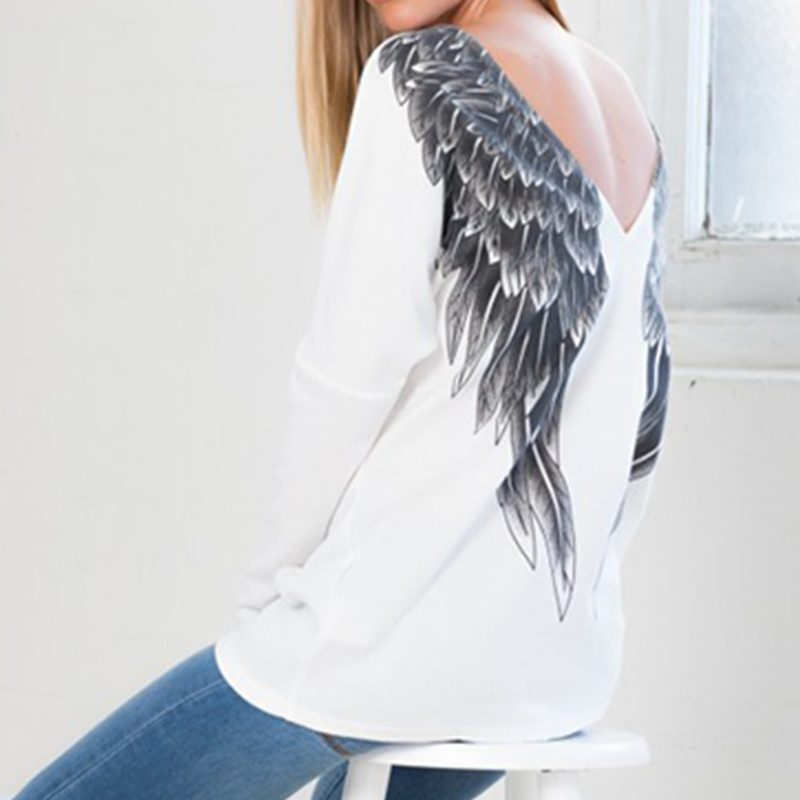 

White Novelty Long Women' T Shirt Punk O-NECK Back Angel Wings Printed T-Shirt Women Tops Casual New Hot Tshirt Y200111