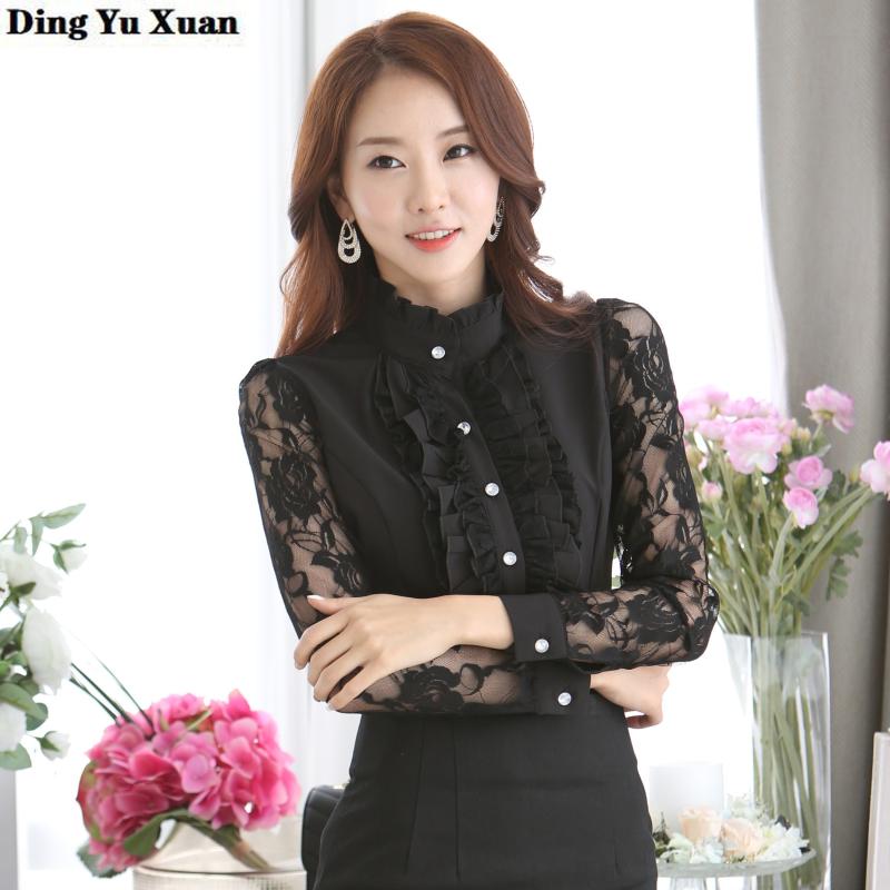 

Womens See Through Lace Floral Long Sleeve Office Shirts Black White Korean Style Stand Collar Button Formal Blouses Tops