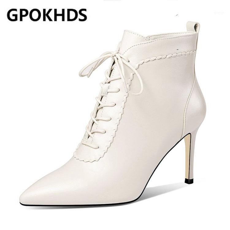 

GPOKHDS 2021 women soft ankle boots cow leather zippers boots winter short plush pointed toe high heels women1, Black