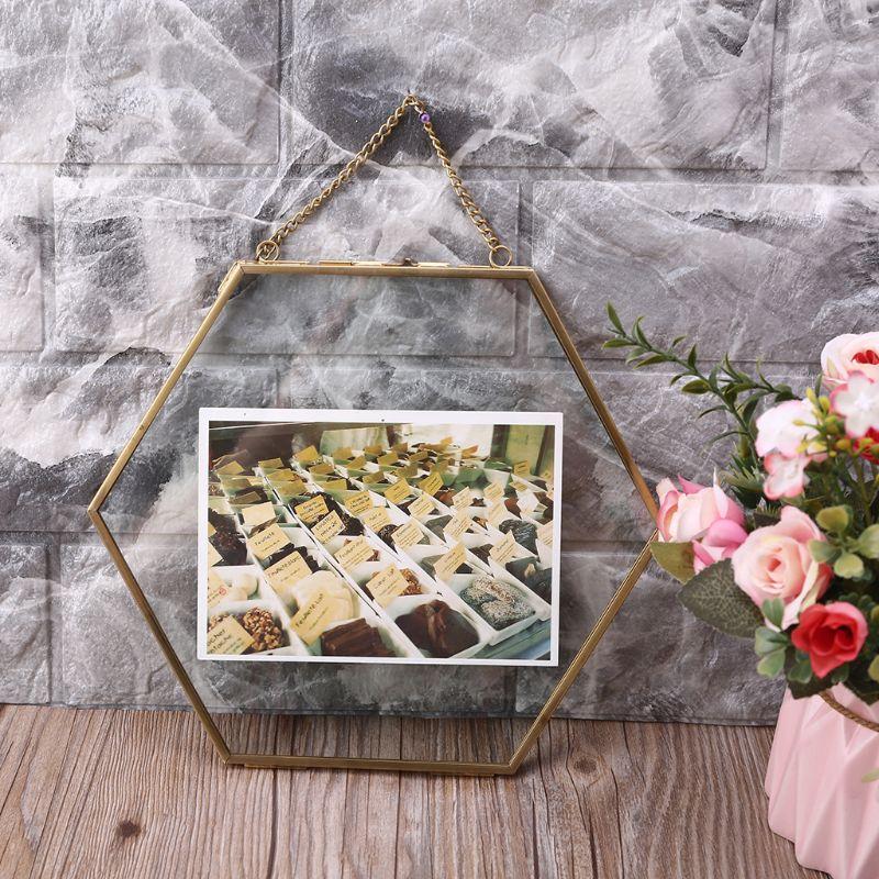 

Hexagon Floating Hanging Photo Frame Metal Glass Portrait Picture Plant Specimen 875A