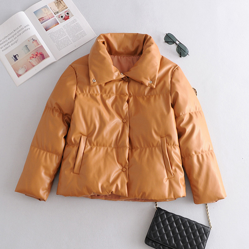 

2021 New Winter Released Hot Bulk Outward Cotton Coat of Female Leather Black Short Collar 4NRW