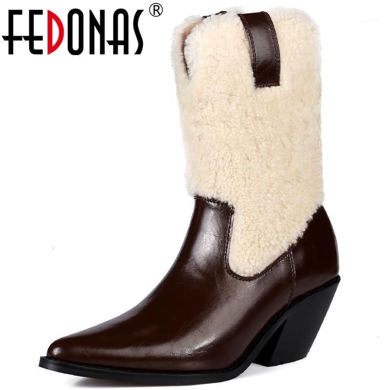 

FEDONAS Warm Winter Shoes For Women 2020 Fall Genuine Leather Mid-Calf Boots Back Zipper High Heels Working Boots New1, Brownd