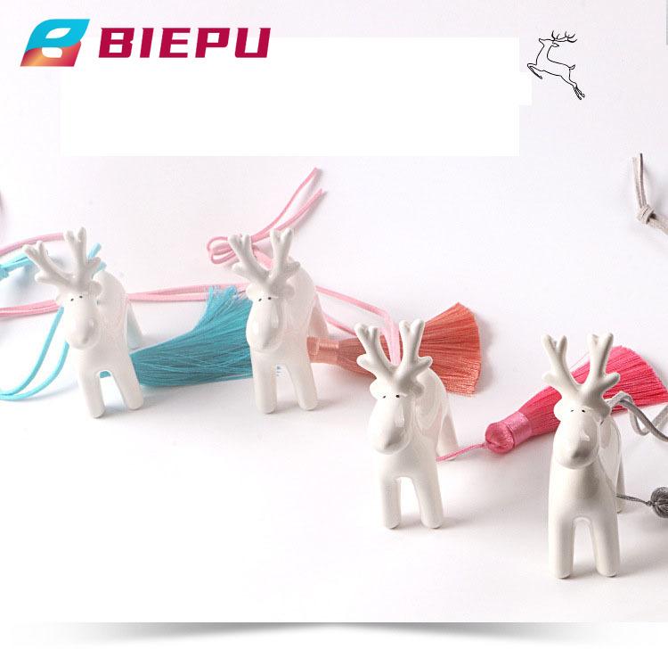 

BIEPU Simple and fashionable Ping An Deer Ceramic Car Pendant Fringed Flower Deer Cute White Female Car Decoration