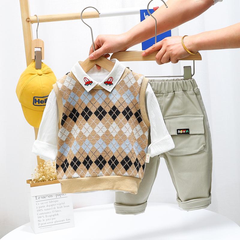 

HYLKIDHUOSE 2021 Spring Boys Baby Clothing Sets Child Clothes Plaid Knitting Vest Shirt Pants Toddler Infant Kids Casual Costume, Beige