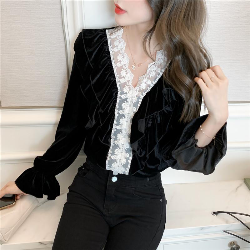 

Black Velvet Blouse Long Sleeve Ruffles Lace Patchwork Autumn Tops Elegant V Neck Slim Women Blouses Office Ladies Vintage Shirt