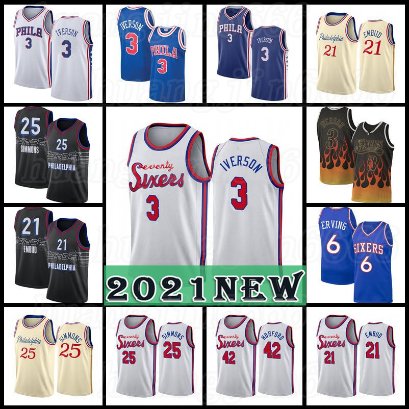 

Allen 3 Iverson 1 James Harden 76ers''21-22 New Joel 21 Embiid Basketball Jerseys Julius 6 Erving Ben 25 Simmons Jerseys City Blue Beige, Black;red
