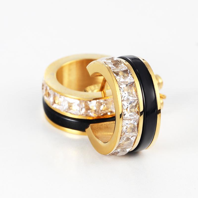 

Luxury Shiny Crystal Ceramic Stud Earrings Woman Elegant Stainless Steel Rose Gold Colour Black And White BON Earring For women