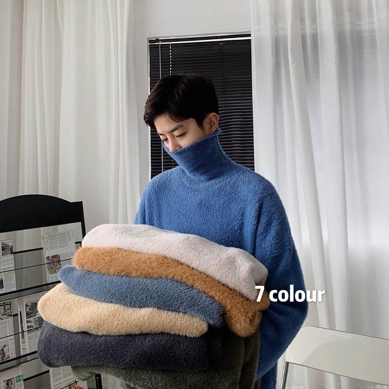 

Autumn and winter Plush high neck sweater men's trend loose Pullover Sweater, Black