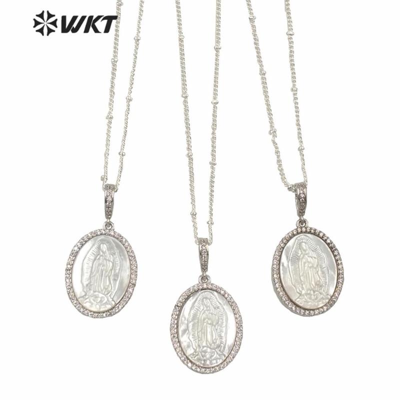 

Chokers WT-MN968 Wholesale Natural MOP Shell Carved Micropave Setting Virgin Mary Necklace Women Platinum Plated