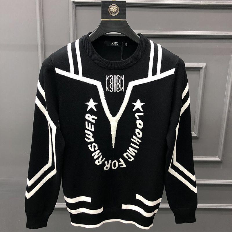 

Autumn and winter men's round neck sweater slim letter color matching sweater korean fashion bottoming, Black