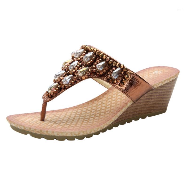 

SAGACE Beach shoes sandals bohemian rhinestone clip toe large size tip binding new wedge solid color clip toe Korean style1, Brown