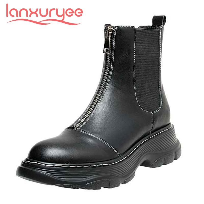 

Lanxuryee motorcycle boots natural leather sewing platform round toe thick med heel zipper neutral punk maiden ankle boots L33, Black 2