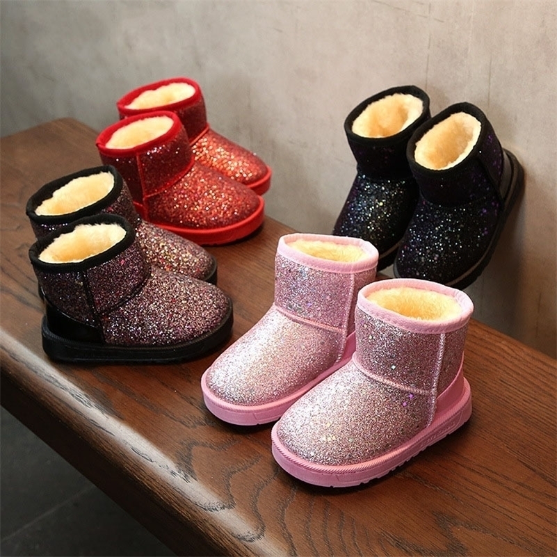 

New Arrival 2020 Bling Winter Shoes for Girls Plush Toddler Boy Boots Kids Keeping Warm Baby Snow Boots CHIldren Shoes LJ201027, Red