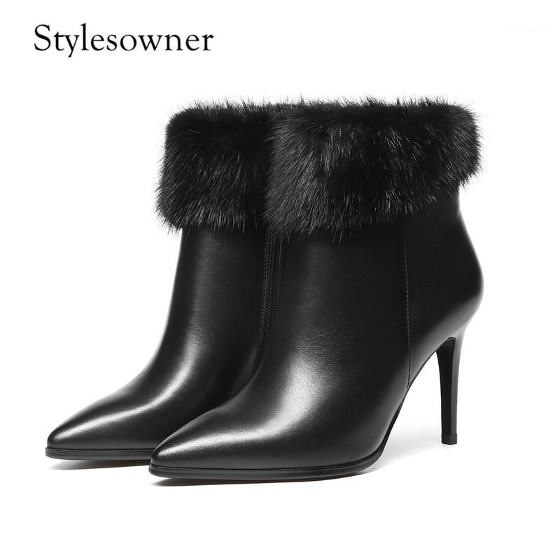 

Stylesowner Luxury Style High Quality 2020 Black Woman Boots with Real Fur Thin Heels Pointed Toe Autumn Winter Sexy Boots1